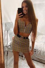 Beige Check Zip Front Bralet Belted Skirt Co-Ord - Cherise-Co-ords
