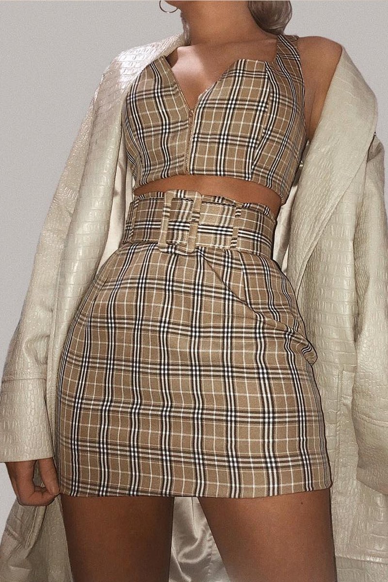 Beige Check Zip Front Bralet Belted Skirt Co-Ord - Cherise-Co-ords