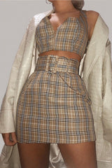 Beige Check Zip Front Bralet Belted Skirt Co-Ord - Cherise-Co-ords