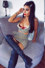 Beige Check Zip Front Bralet Belted Skirt Co-Ord - Cherise-Co-ords