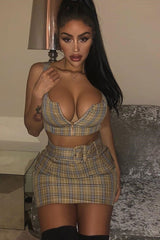 Beige Check Zip Front Bralet Belted Skirt Co-Ord - Cherise-Co-ords