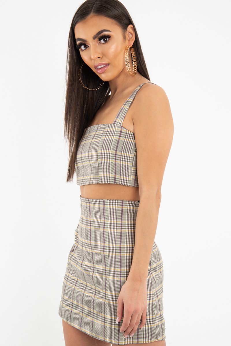 Beige Checked Bodycon Mini Skirt - Adaya-Skirts