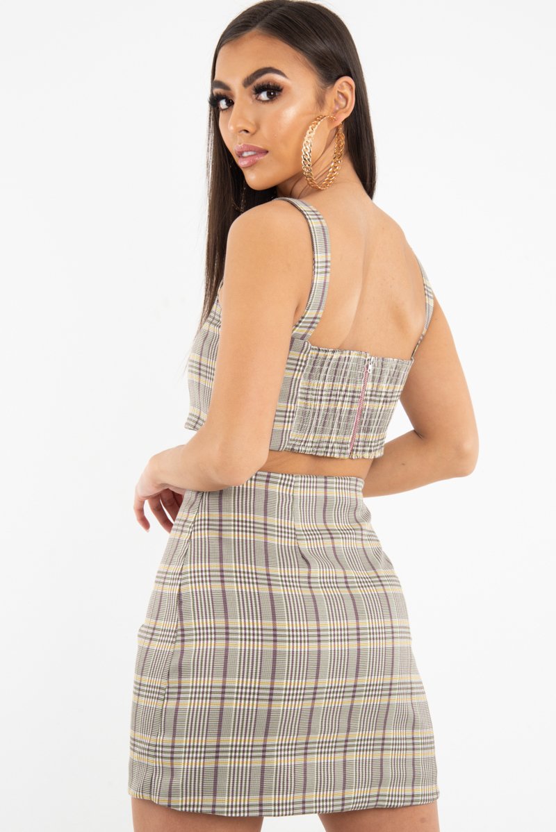 Beige Checked Bodycon Mini Skirt - Adaya-Skirts