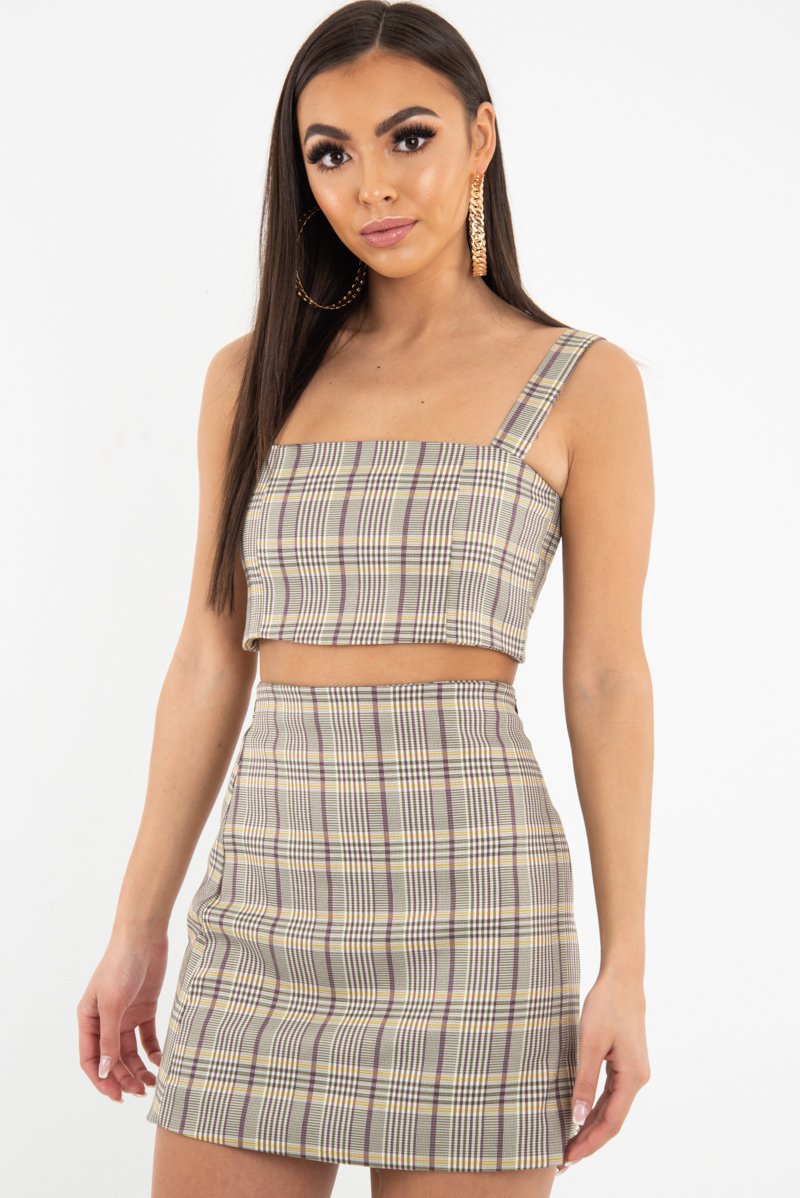 Beige Checked Bodycon Mini Skirt - Adaya-Skirts