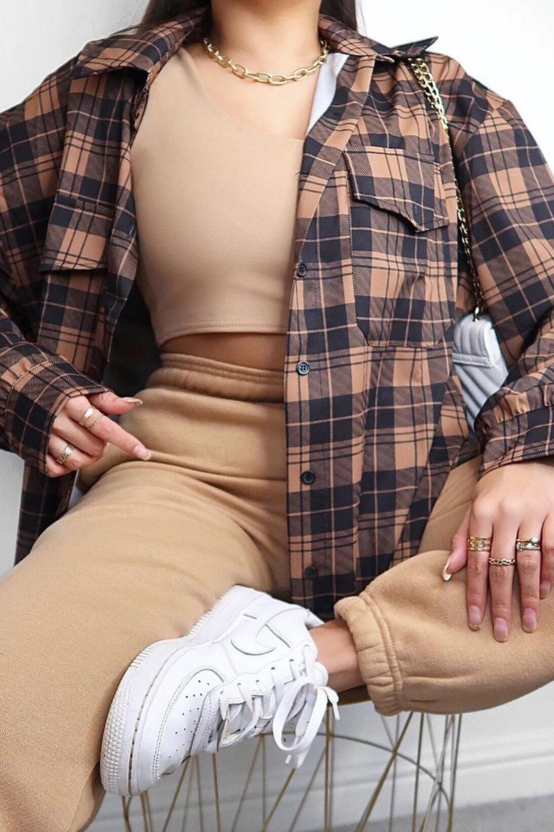 Beige Checked Pocket Front Shirt - Haily-Shirts