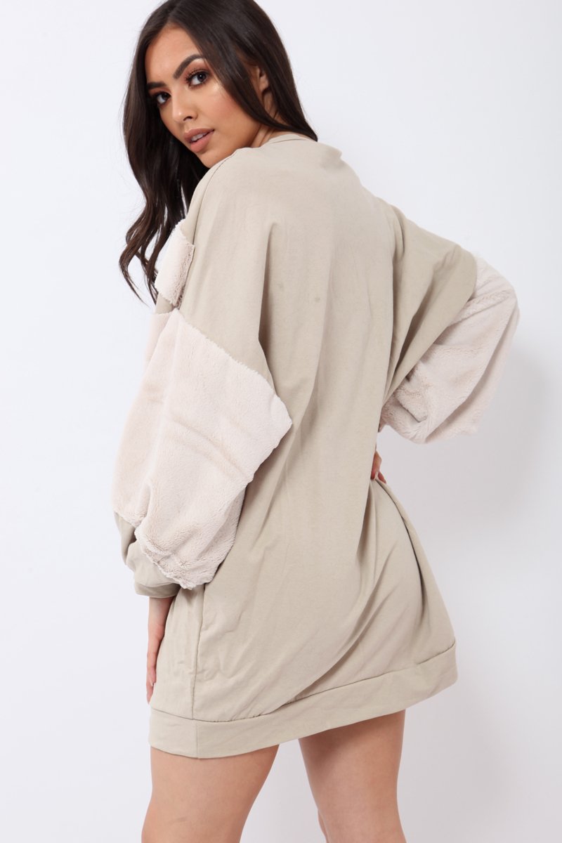 Beige Chevron Fur Jumper Dress - Esme-Dresses