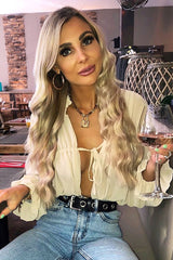 Beige Chiffon Balloon Sleeve Crop Tie Front Blouse - Amelia-Blouse