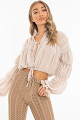 Beige Chiffon Balloon Sleeve Crop Tie Front Blouse - Amelia-Blouse