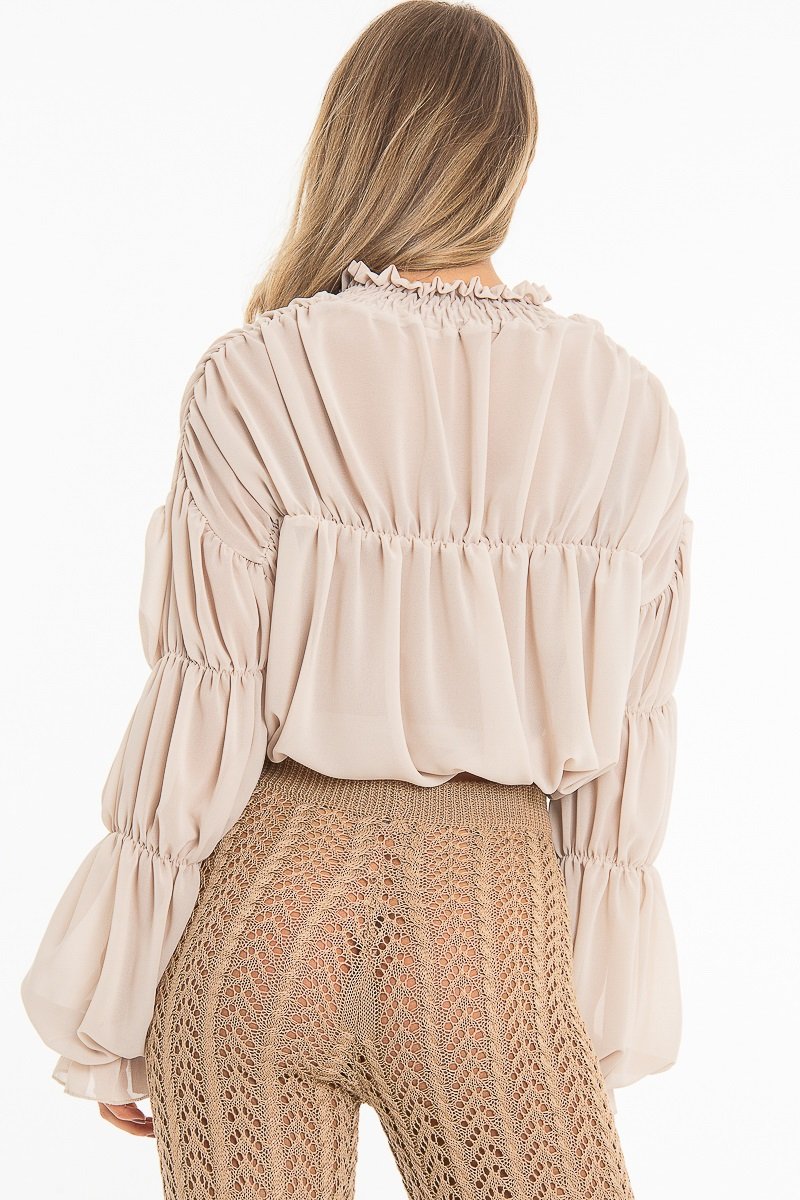 Beige Chiffon Balloon Sleeve Crop Tie Front Blouse - Amelia-Blouse