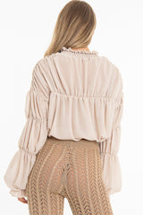 Beige Chiffon Balloon Sleeve Crop Tie Front Blouse - Amelia-Blouse