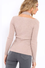 Beige Choker Twist Knit Jumper - Maya-Jumper