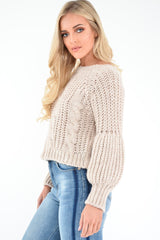 Beige Chunky Knit Balloon Sleeve Jumper - Rielynn-Jumper
