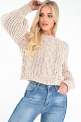 Beige Chunky Knit Balloon Sleeve Jumper - Rielynn-Jumper