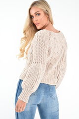 Beige Chunky Knit Balloon Sleeve Jumper - Rielynn-Jumper