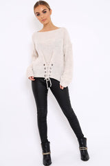 Beige Chunky Knit Corset Waist Knitted Jumper - Mikayla-Jumper