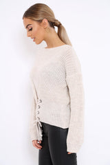 Beige Chunky Knit Corset Waist Knitted Jumper - Mikayla-Jumper