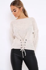 Beige Chunky Knit Corset Waist Knitted Jumper - Mikayla-Jumper