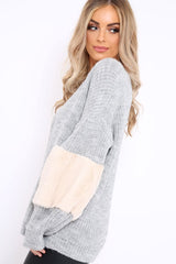 Beige Chunky Knit Faux Fur Front Panel Jumper - Ophelia-Knitwear