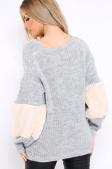 Beige Chunky Knit Faux Fur Front Panel Jumper - Ophelia-Knitwear