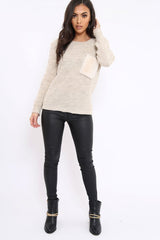 Beige Chunky Knit Fur Pocket Jumper - Alois-Knitwear