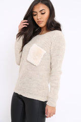 Beige Chunky Knit Fur Pocket Jumper - Alois-Knitwear