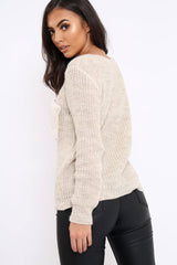 Beige Chunky Knit Fur Pocket Jumper - Alois-Knitwear