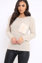 Beige Chunky Knit Fur Pocket Jumper - Alois-Knitwear