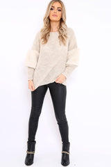 Beige Chunky Knit Fur Sleeve Jumper - Kimberly-Knitwear