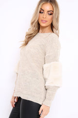 Beige Chunky Knit Fur Sleeve Jumper - Kimberly-Knitwear