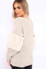 Beige Chunky Knit Fur Sleeve Jumper - Kimberly-Knitwear
