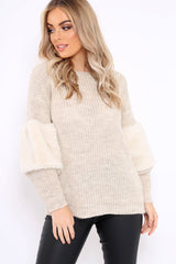 Beige Chunky Knit Fur Sleeve Jumper - Kimberly-Knitwear