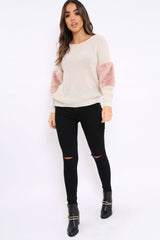 Beige Chunky Knit Jumper with Rose Fur Sleeve - Kimberly-Knitwear