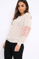 Beige Chunky Knit Jumper with Rose Fur Sleeve - Kimberly-Knitwear