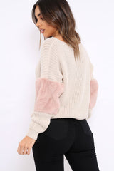 Beige Chunky Knit Jumper with Rose Fur Sleeve - Kimberly-Knitwear