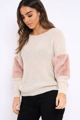 Beige Chunky Knit Jumper with Rose Fur Sleeve - Kimberly-Knitwear