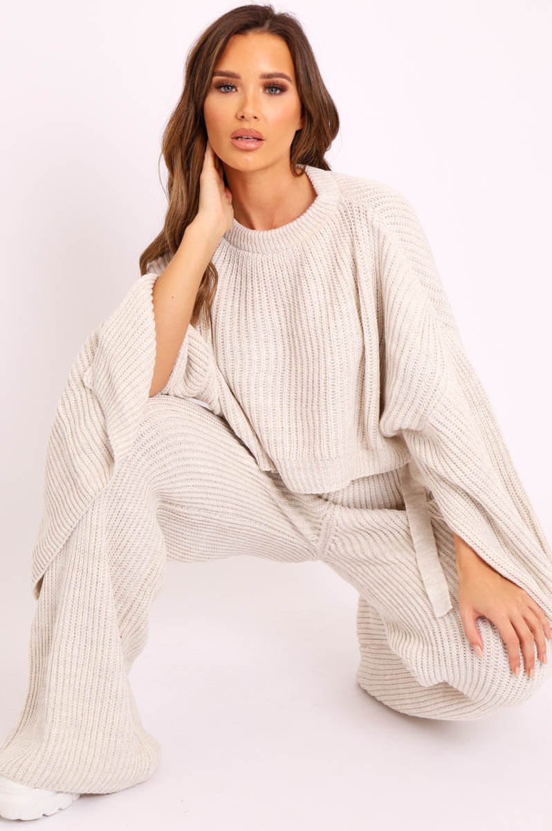 Beige Chunky Knit Loungewear Set - Harper-Loungewear