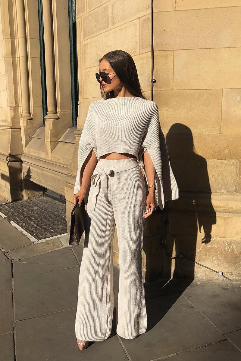 Beige Chunky Knit Loungewear Set - Harper-Loungewear