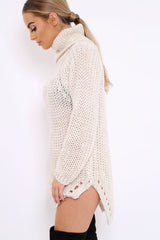 Beige Chunky Knit Roll Neck Cut Out Hem Jumper Dress - Catalina-Dresses