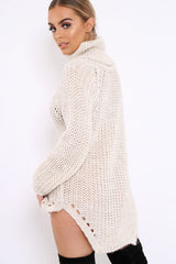 Beige Chunky Knit Roll Neck Cut Out Hem Jumper Dress - Catalina-Dresses