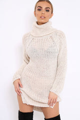 Beige Chunky Knit Roll Neck Cut Out Hem Jumper Dress - Catalina-Dresses