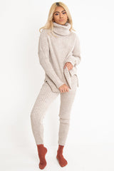 Beige Chunky Knit Roll Neck Loungewear Co-Ord - Imara-Co-ords