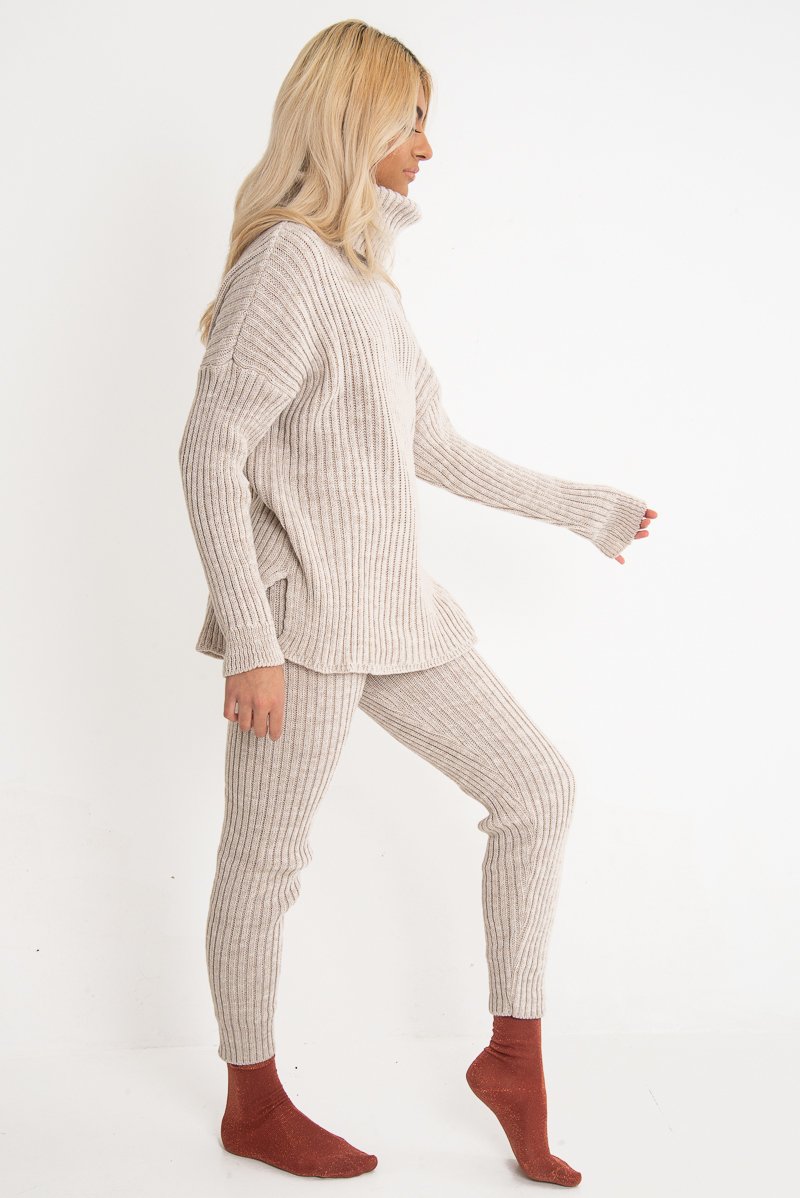 Beige Chunky Knit Roll Neck Loungewear Co-Ord - Imara-Co-ords