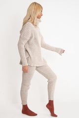 Beige Chunky Knit Roll Neck Loungewear Co-Ord - Imara-Co-ords