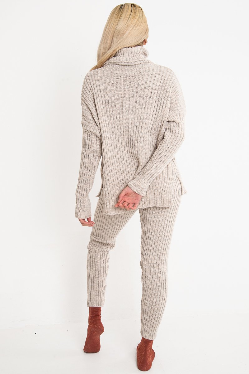 Beige Chunky Knit Roll Neck Loungewear Co-Ord - Imara-Co-ords