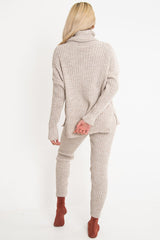 Beige Chunky Knit Roll Neck Loungewear Co-Ord - Imara-Co-ords