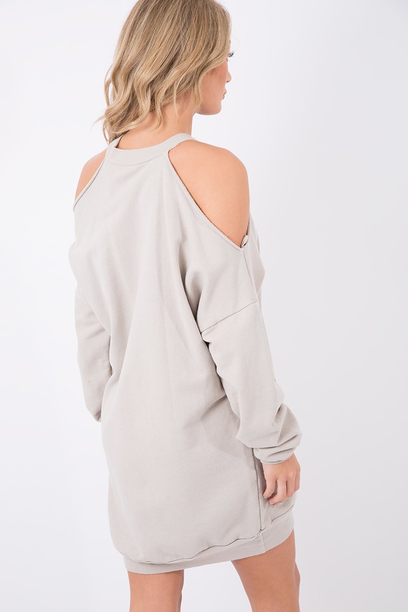 Beige Cold Shoulder Distressed Jumper Dress - Kylie-Jumper