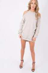 Beige Cold Shoulder Distressed Jumper Dress - Kylie-Jumper