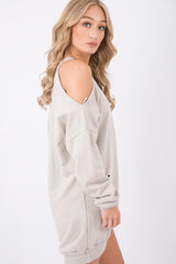 Beige Cold Shoulder Distressed Jumper Dress - Kylie-Jumper