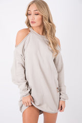 Beige Cold Shoulder Distressed Jumper Dress - Kylie-Jumper