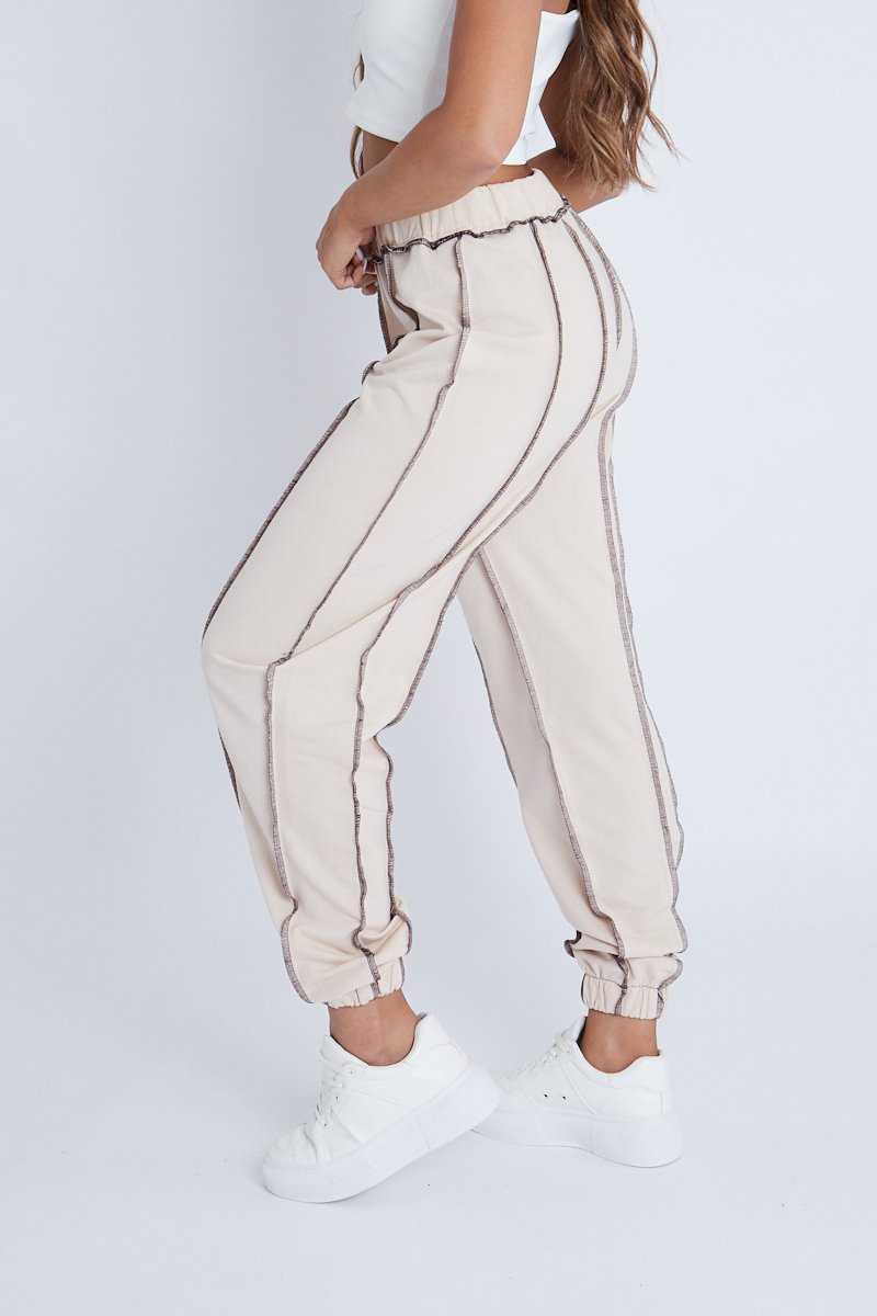 Beige Contrast Stitch Joggers - Roaa-Hoodies